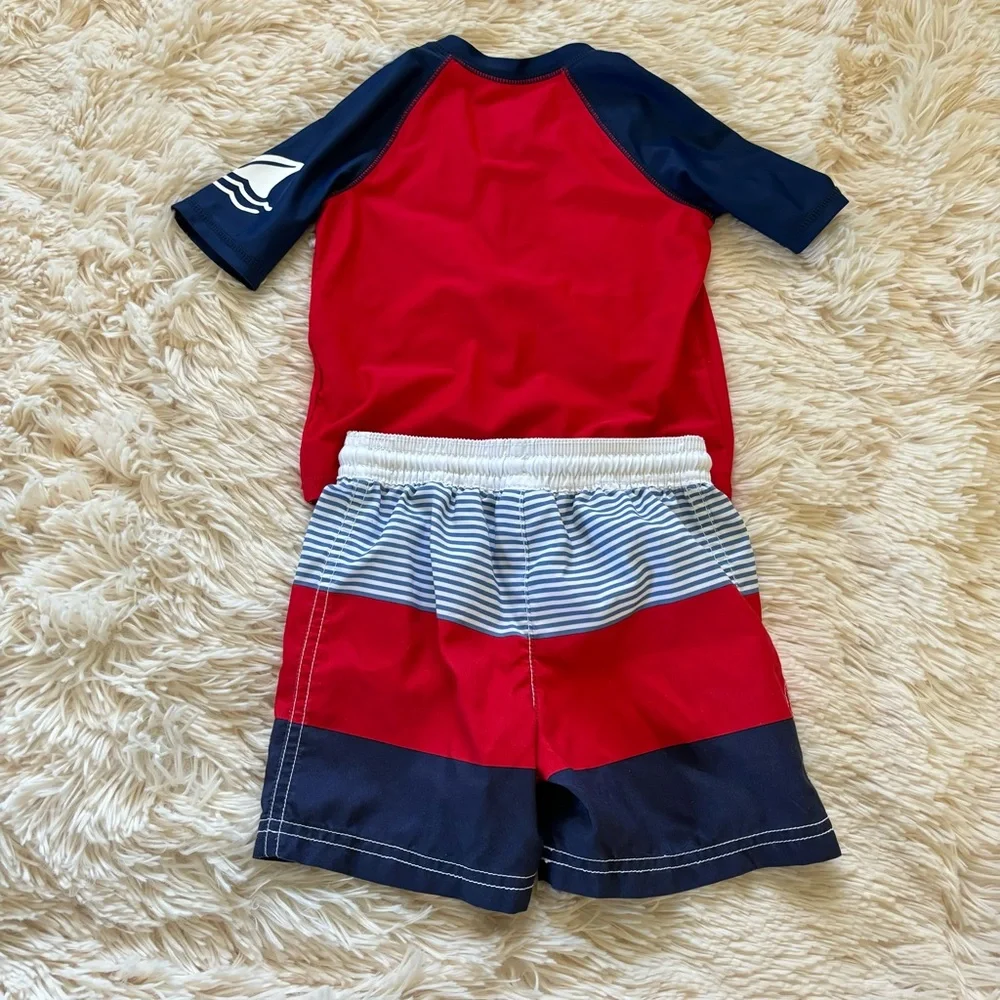 Oshkosh and Carter’s Red Striped Swim Trunks and Rash Guard 18 months